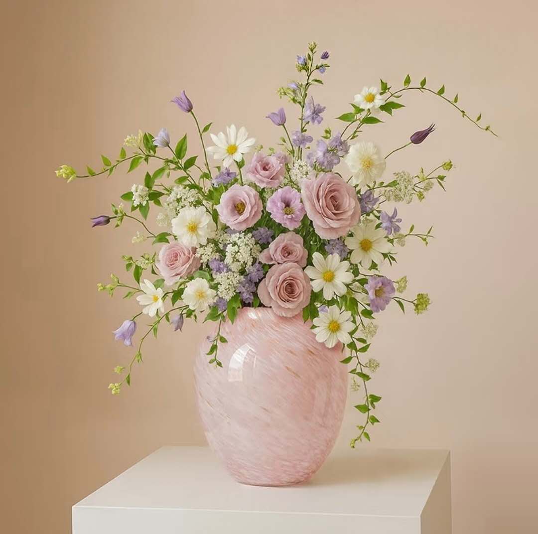 Blush Pink Marbled Glass Vase — 23.5cm