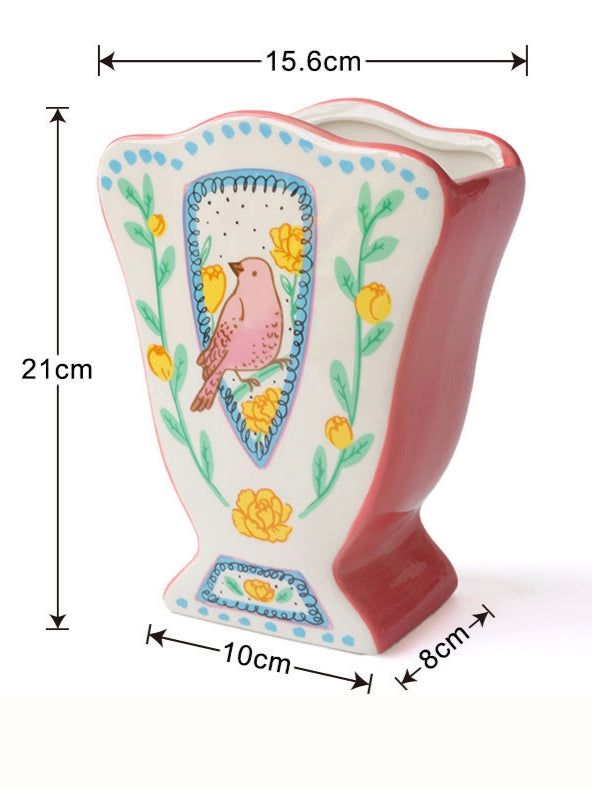 Hand-Painted Garden Bird Fan Ceramic Vase