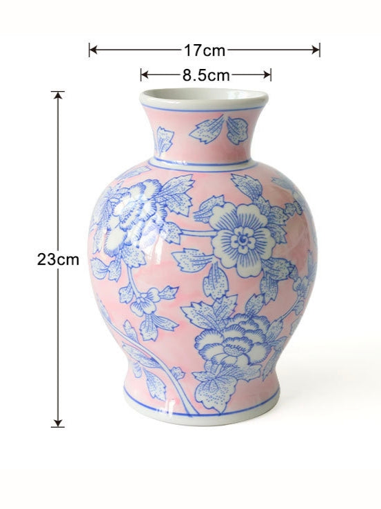 Pink Blue Floral Chinoiserie Ceramic Vase