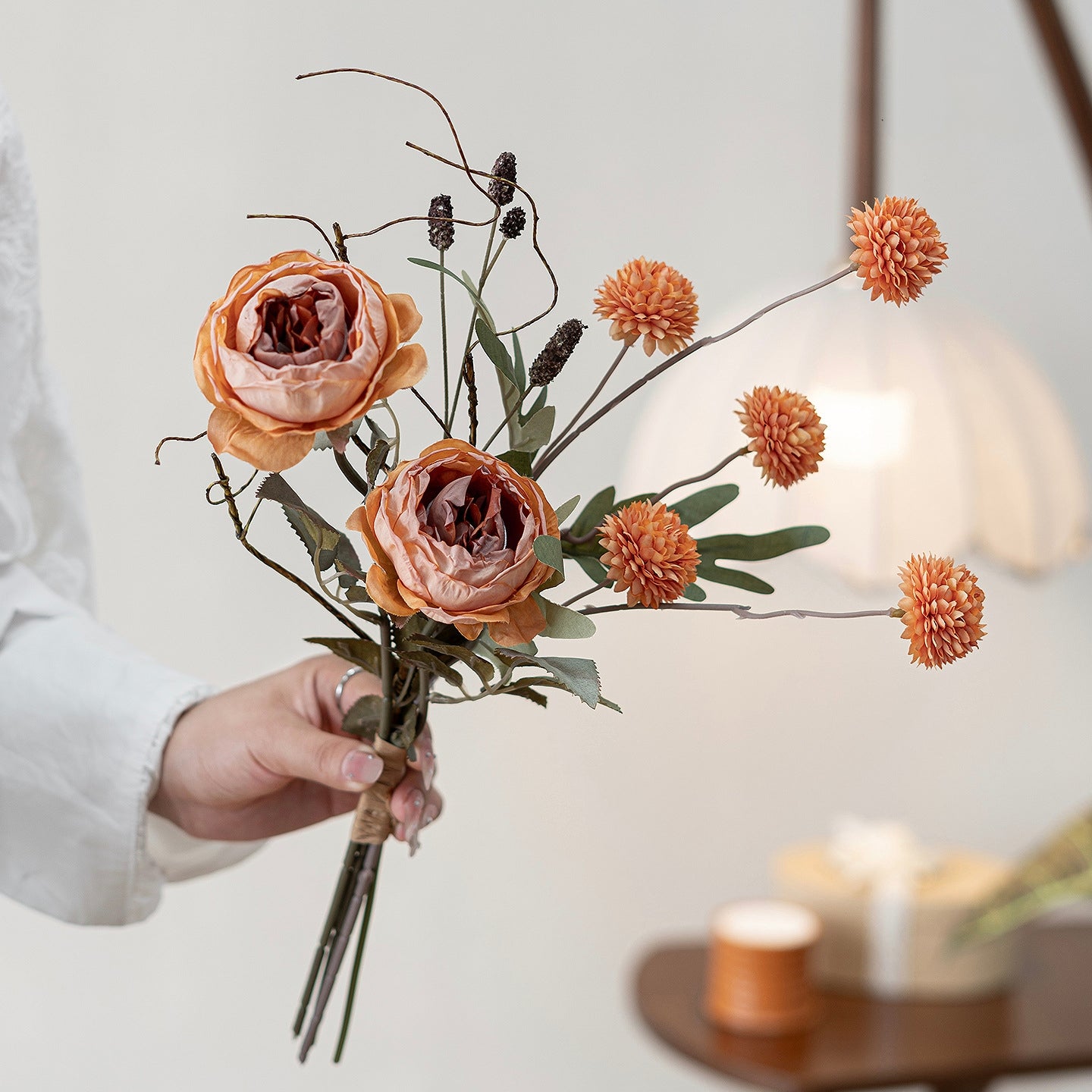 Faux Austin Rose & Globe Dahlia Bouquet 16.9" – Silk Artificial Flowers | Panthère Rose