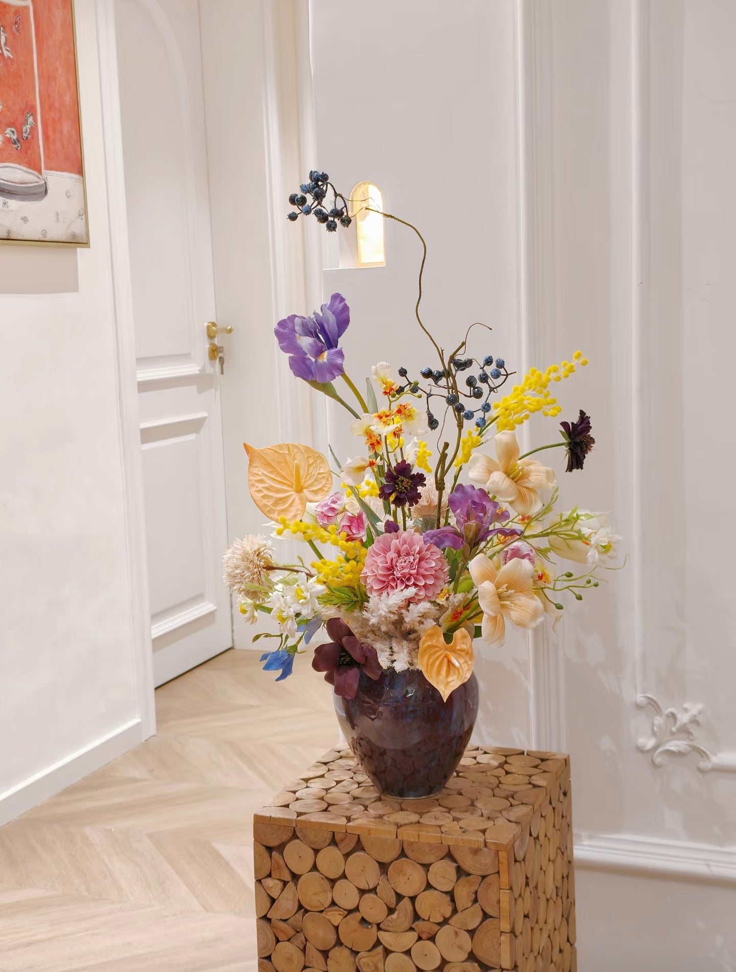 Wild meadow faux flower bouquet - iris and orchid detail close up