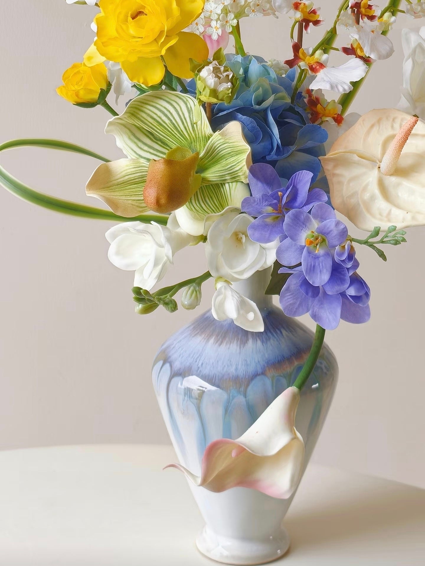 A Sunny Day in Bloom - vase detail with sculptural calla lily relief and watercolour glaze