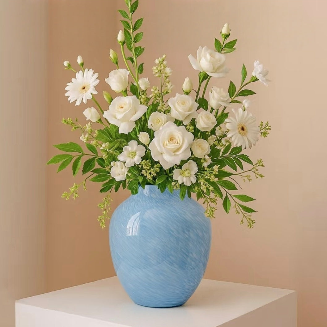 Powder Blue Marbled Glass Vase — 23cm