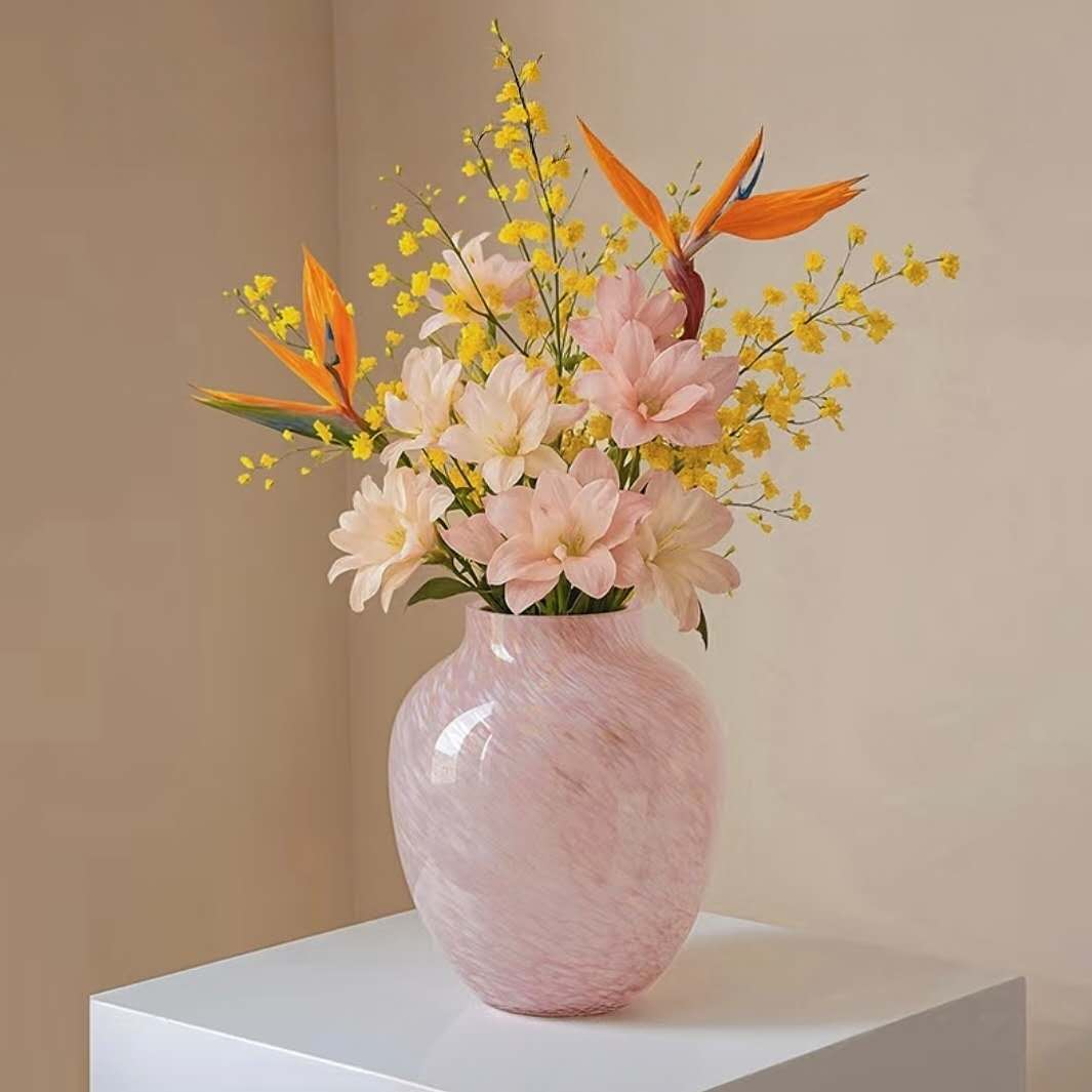 Blush Pink Marbled Glass Vase — 23.5cm