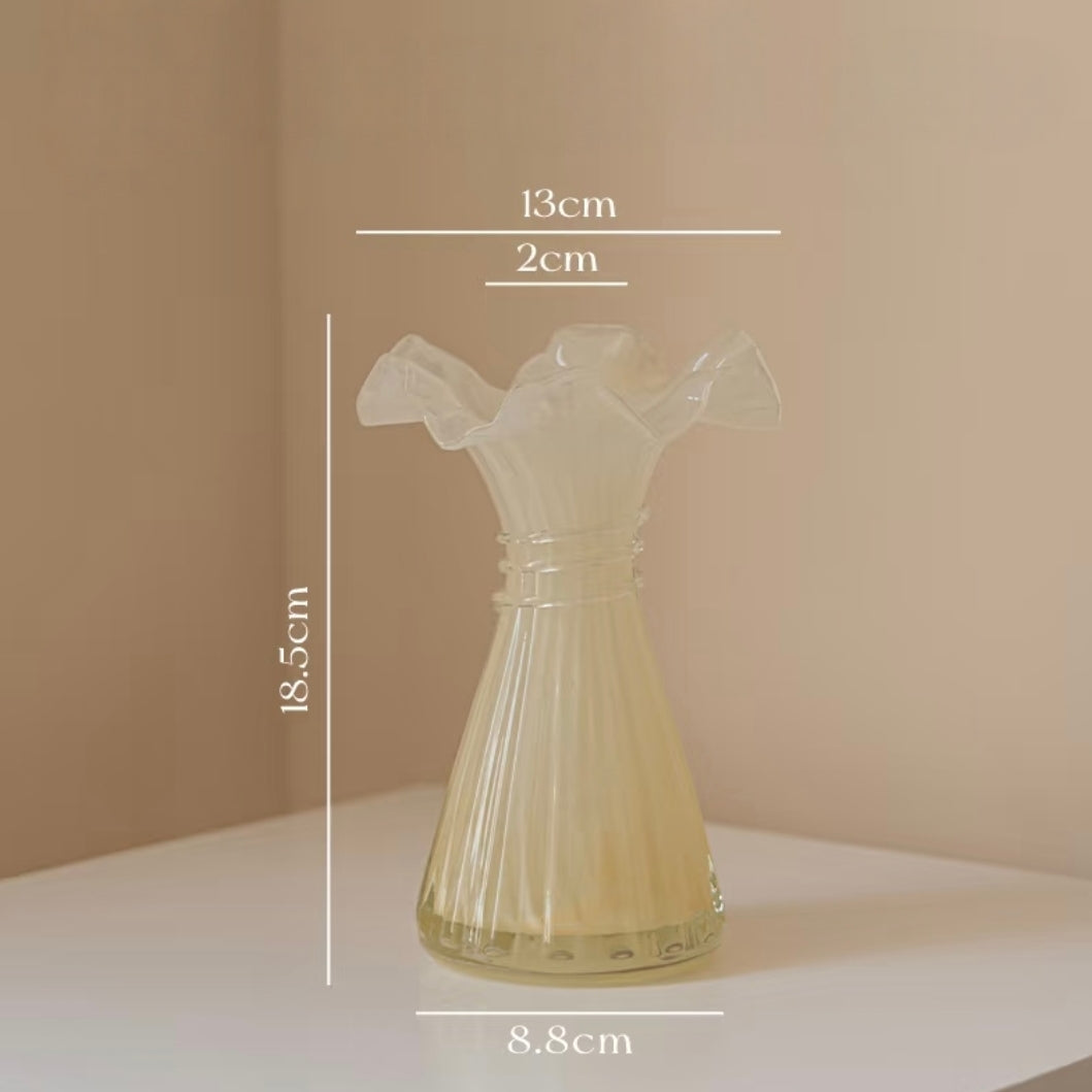 Ruffled Rim Ribbed Glass Vase — 7.3"