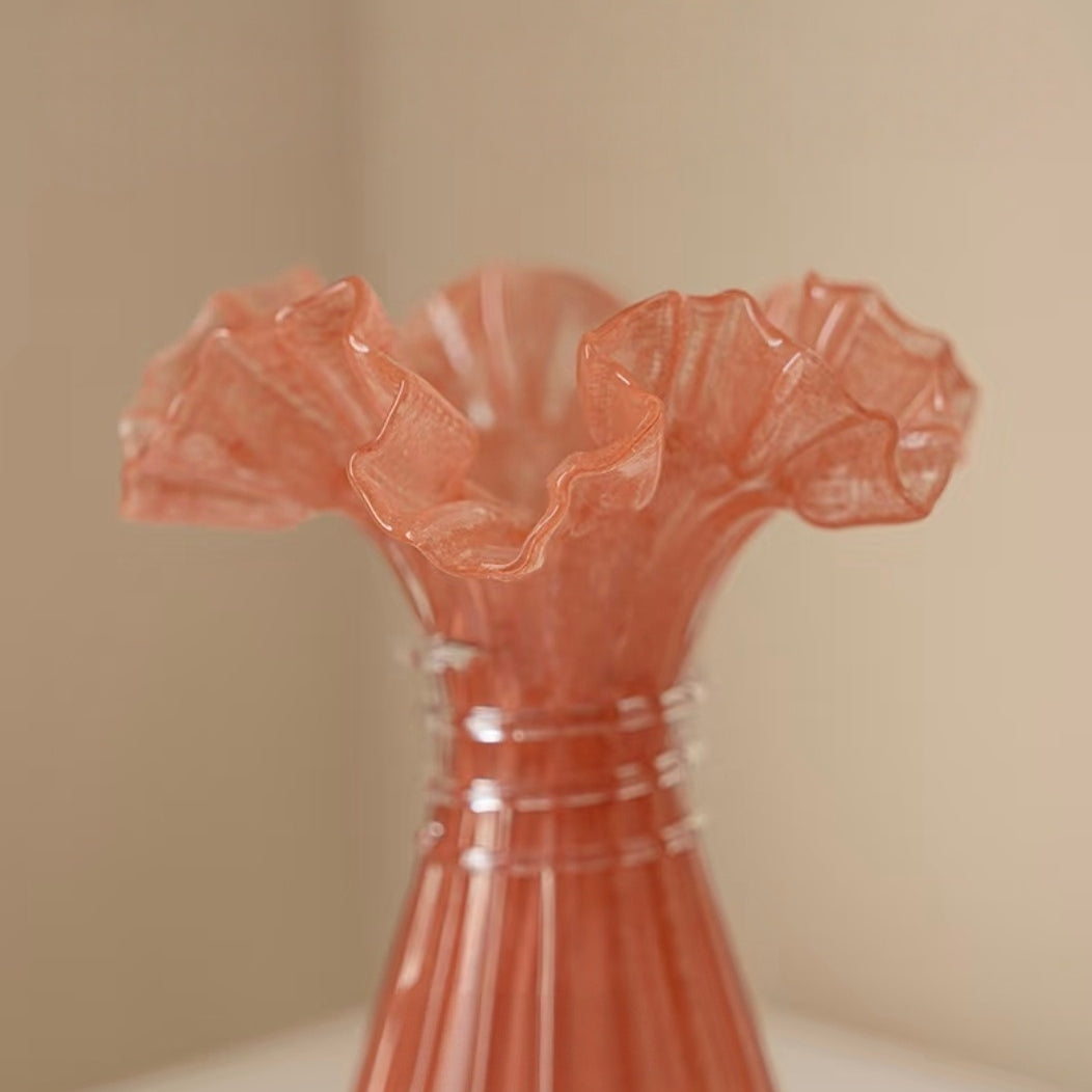 Ruffled Rim Ribbed Glass Vase — 7.3"