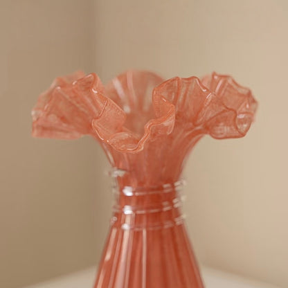 Ruffled Rim Ribbed Glass Vase — 7.3"