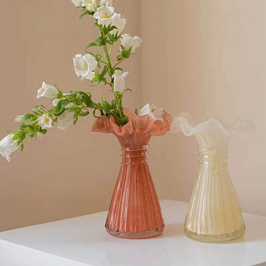 Ruffled Rim Ribbed Glass Vase — 7.3"