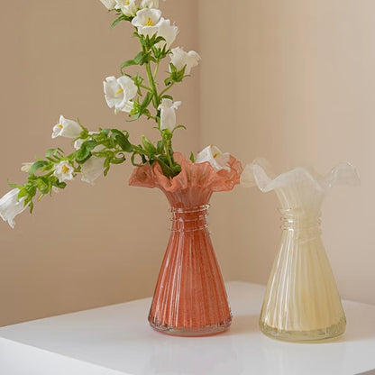 Ruffled Rim Ribbed Glass Vase — 7.3"