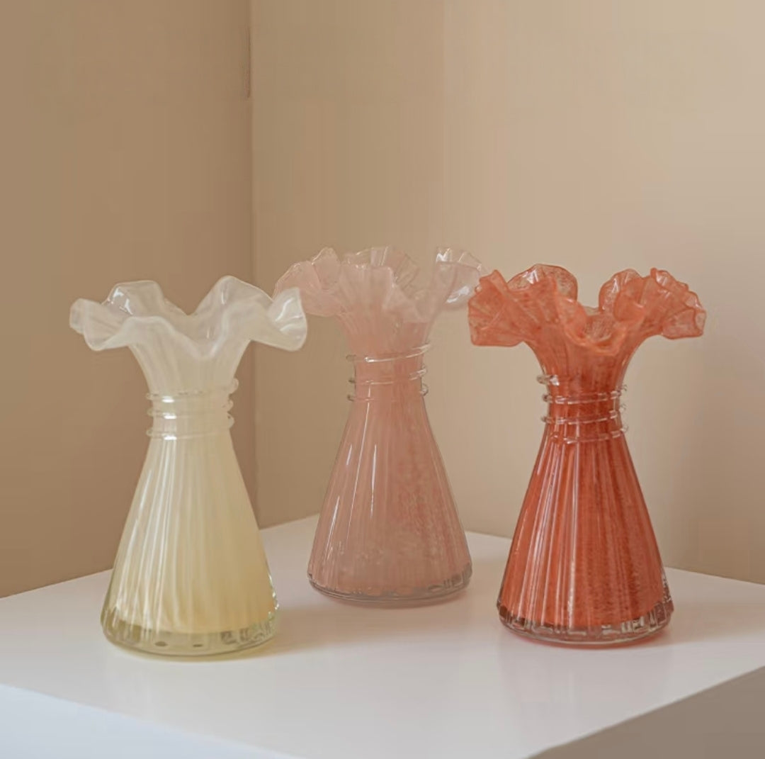 Ruffled Rim Ribbed Glass Vase — 7.3"