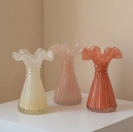 Ruffled Rim Ribbed Glass Vase — 7.3"