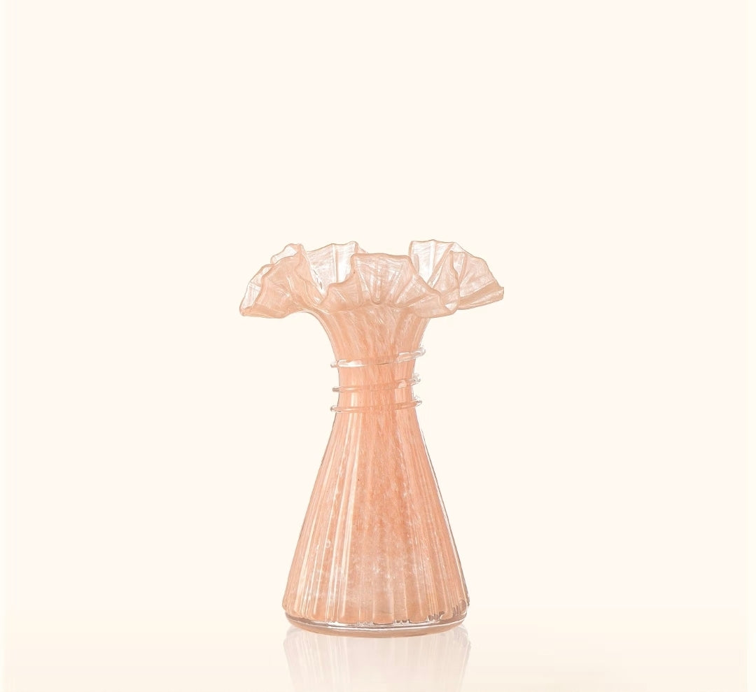 Ruffled Rim Ribbed Glass Vase — 7.3"