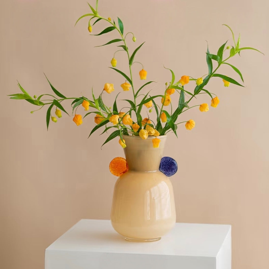 Cream Yellow Glass Vase with Gem Accents — 25cm