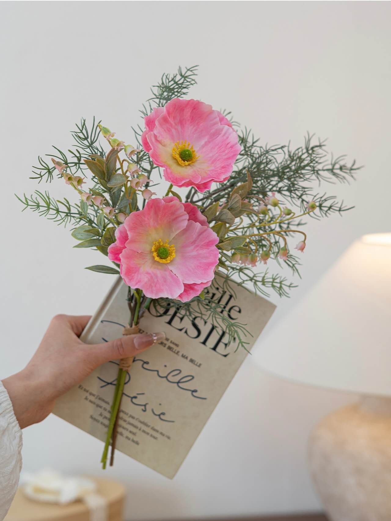 Faux Poppy & Lily of the Valley Hand-Tied Bouquet 15.7" – Silk Artificial Flowers | Panthère Rose