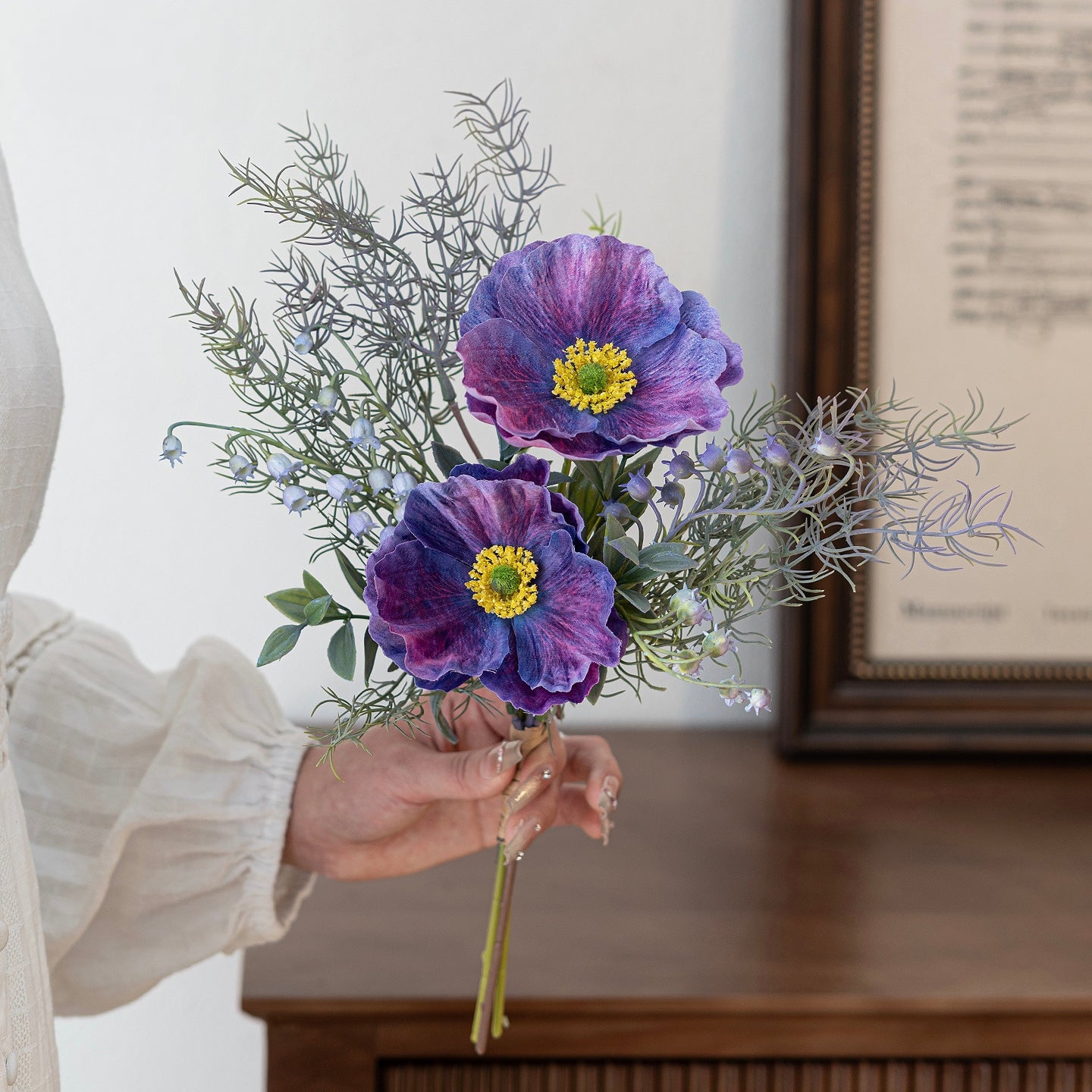 Faux Poppy & Lily of the Valley Hand-Tied Bouquet 15.7" – Silk Artificial Flowers | Panthère Rose