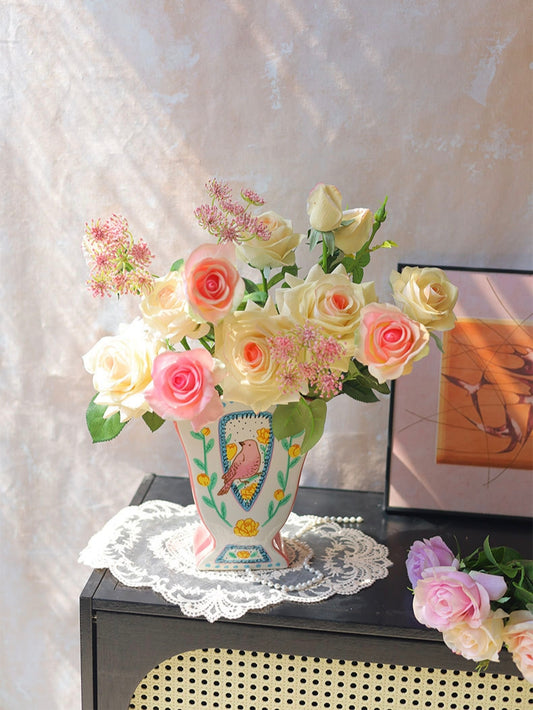Hand-Painted Garden Bird Fan Ceramic Vase