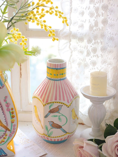 Hand-Painted Garden Bird Ceramic Vase