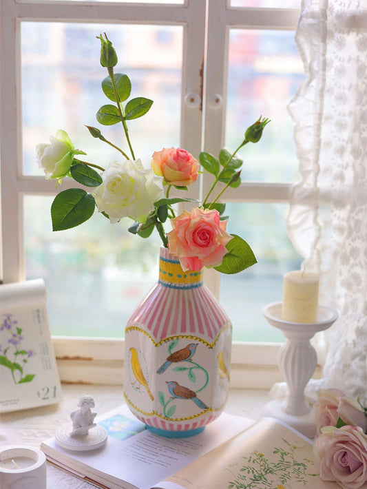 Hand-Painted Garden Bird Ceramic Vase