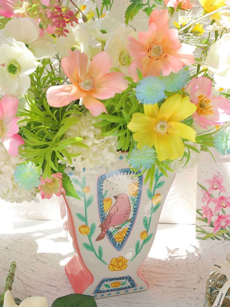Hand-Painted Garden Bird Fan Ceramic Vase