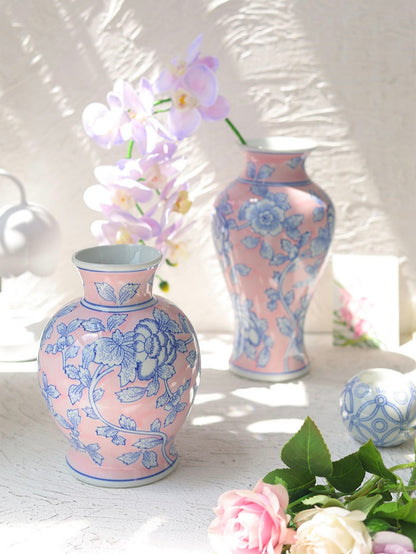 Pink Blue Floral Chinoiserie Ceramic Vase