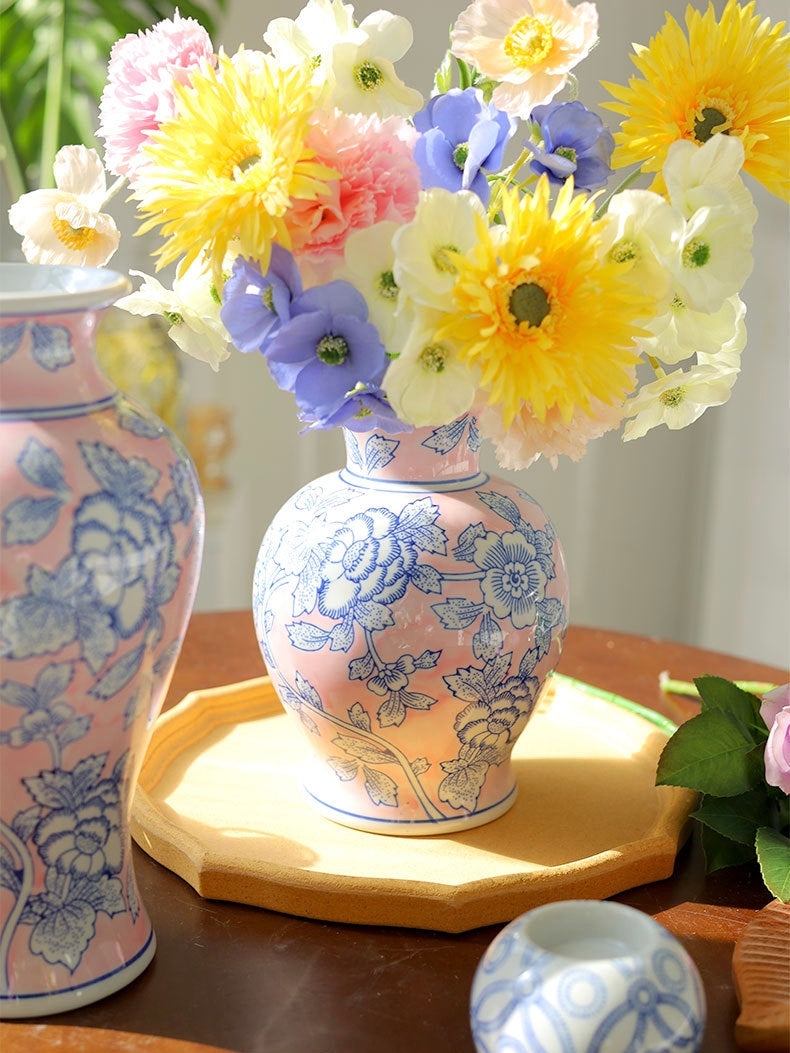 Pink Blue Floral Chinoiserie Ceramic Vase
