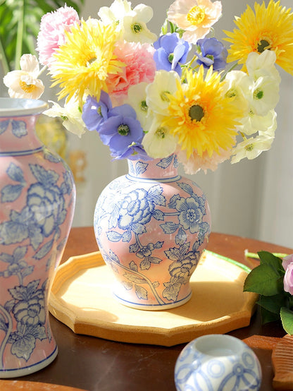 Pink Blue Floral Chinoiserie Ceramic Vase