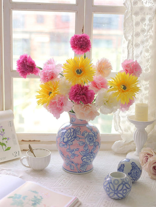 Pink Blue Floral Chinoiserie Ceramic Vase
