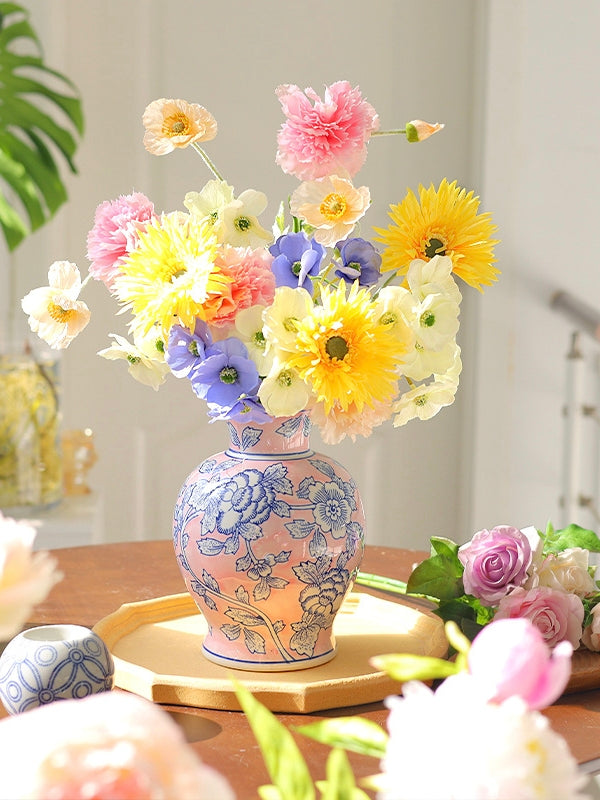 Pink Blue Floral Chinoiserie Ceramic Vase
