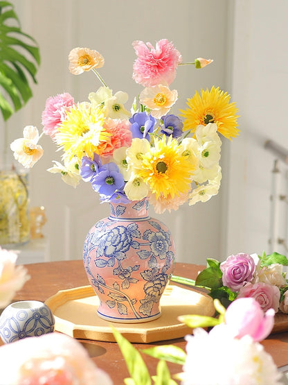 Pink Blue Floral Chinoiserie Ceramic Vase