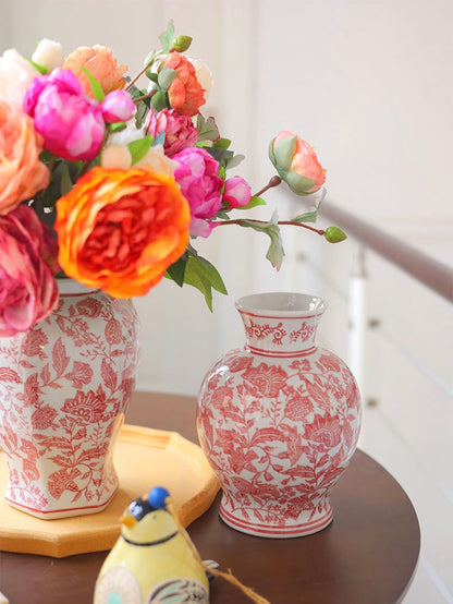 Red Floral Toile Hexagonal Ceramic Vase