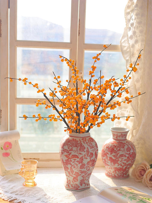 Red Floral Toile Hexagonal Ceramic Vase