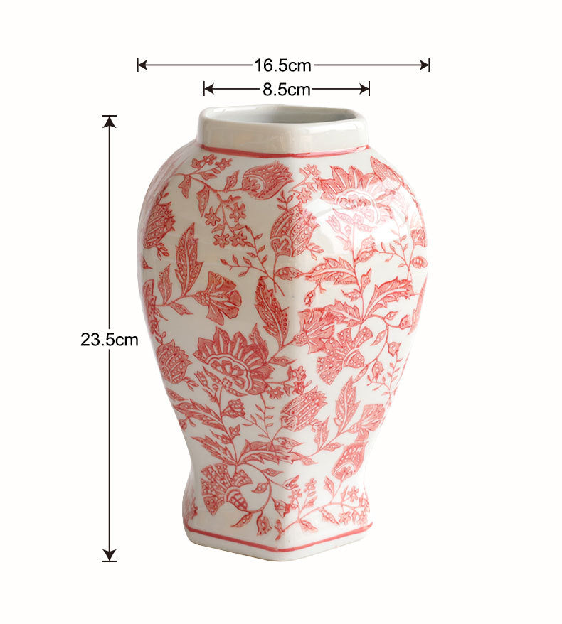 Red Floral Toile Hexagonal Ceramic Vase