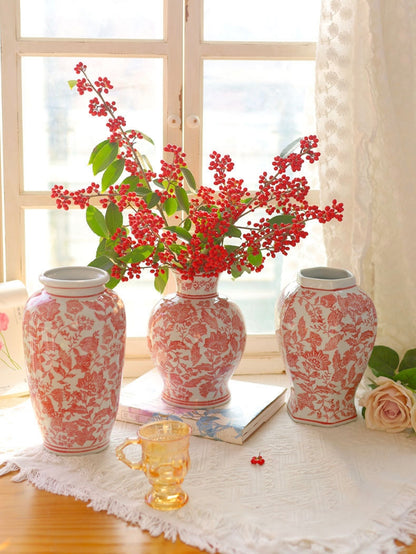 Red Floral Toile Hexagonal Ceramic Vase