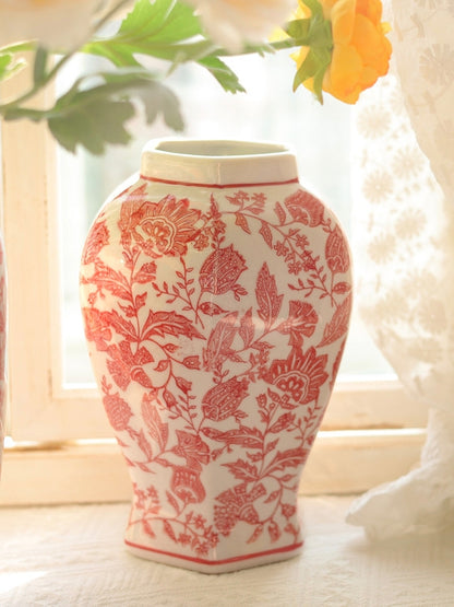 Red Floral Toile Hexagonal Ceramic Vase