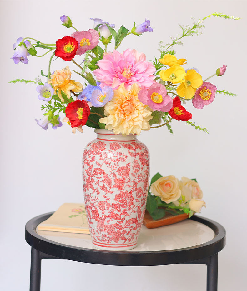 Red Floral Toile Hexagonal Ceramic Vase
