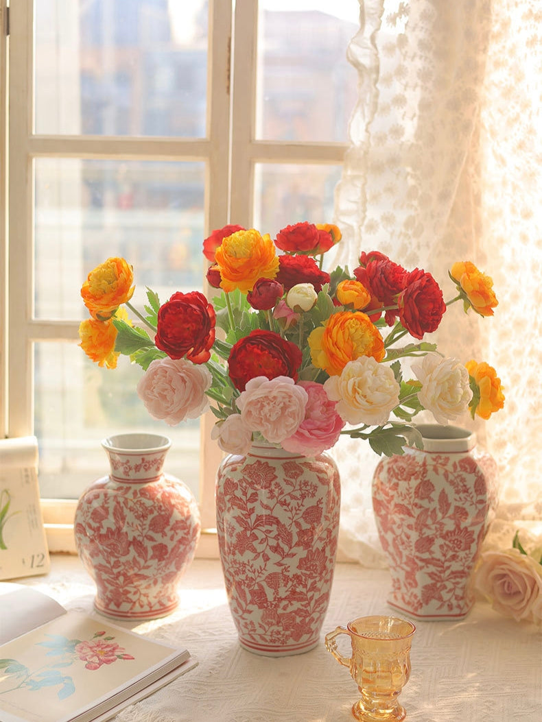 Red Floral Toile Hexagonal Ceramic Vase