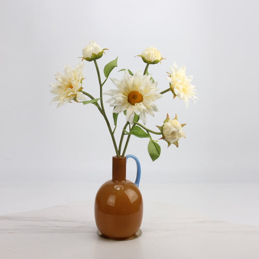 Real Touch Cream White Sunflower Dahlia & Ceramic Jug Vase Set — 3 Stems
