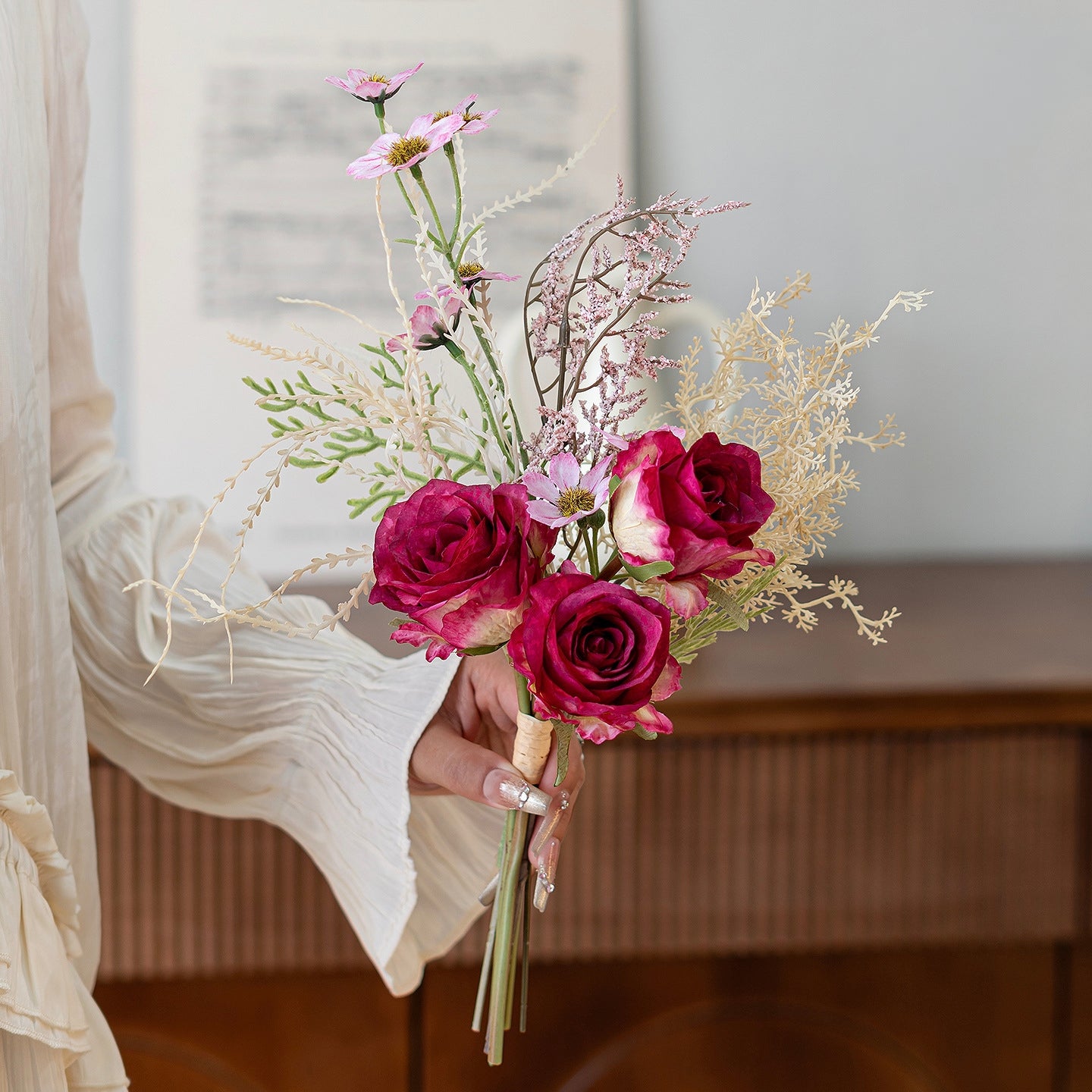 Faux Rose & Wildflower Bouquet 14.6" – Artificial Flowers | Panthère Rose