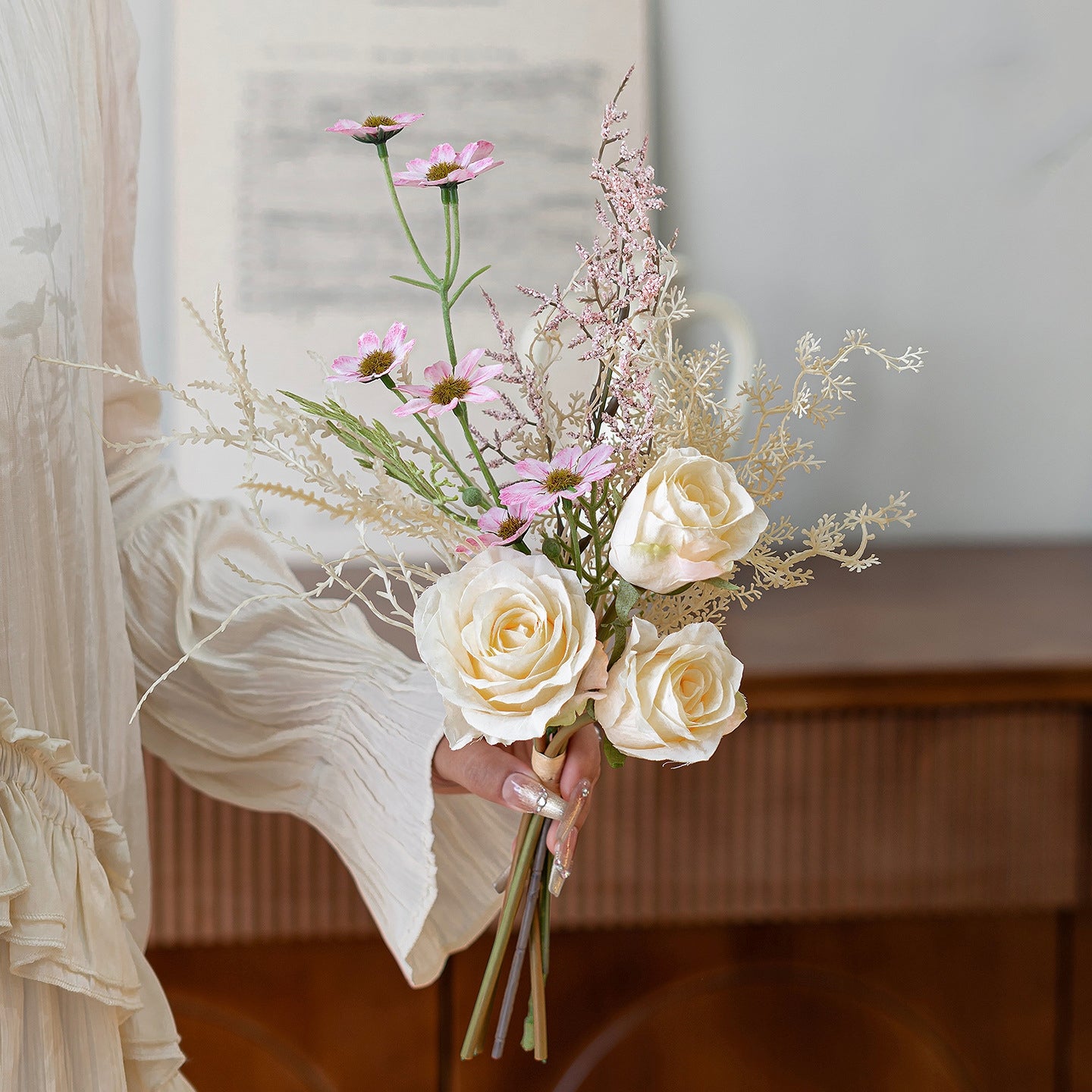 Faux Rose & Wildflower Bouquet 14.6" – Artificial Flowers | Panthère Rose