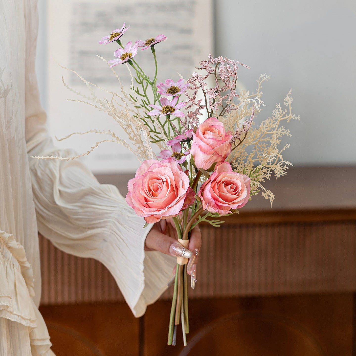 Faux Rose & Wildflower Bouquet 14.6" – Artificial Flowers | Panthère Rose