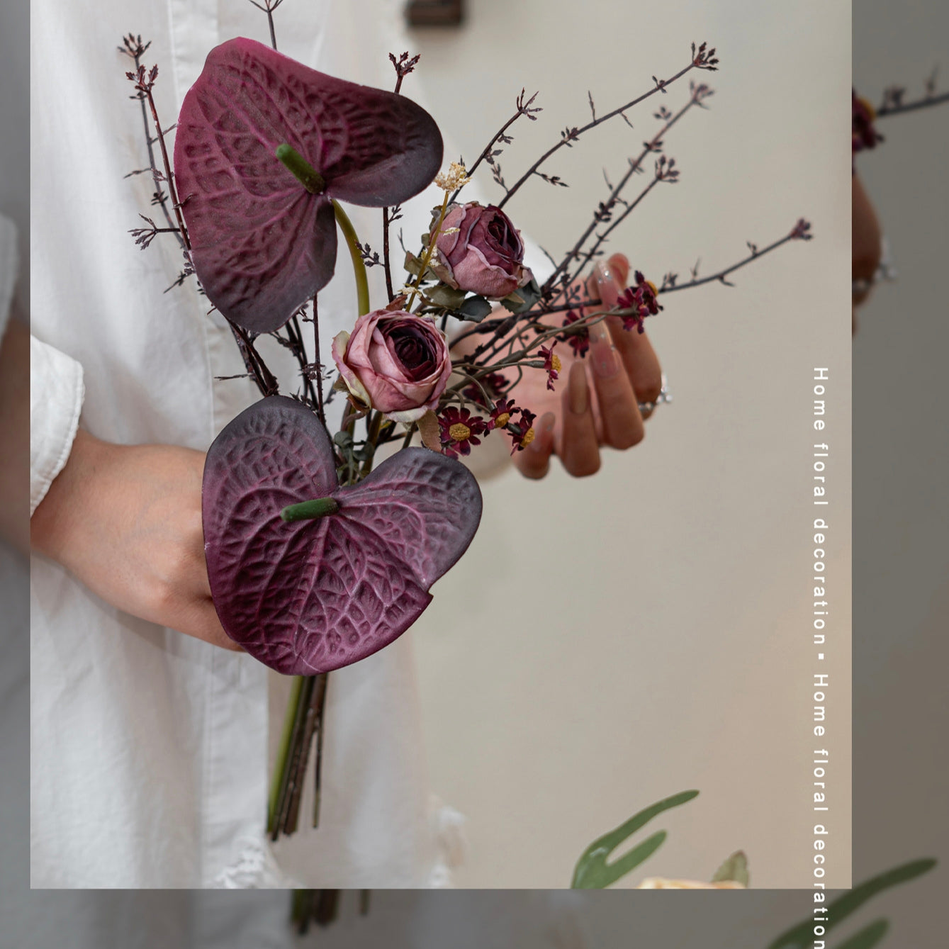 Faux Dark Anthurium & Rose Bouquet 15.4" – Silk Artificial Flowers | Panthère Rose