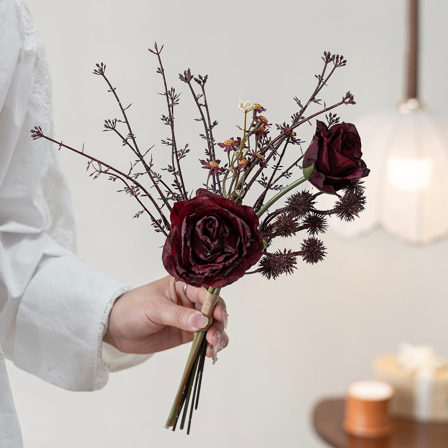Faux Dark Rose & Thistle Bouquet 13.8" – Silk Artificial Flowers | Panthère Rose