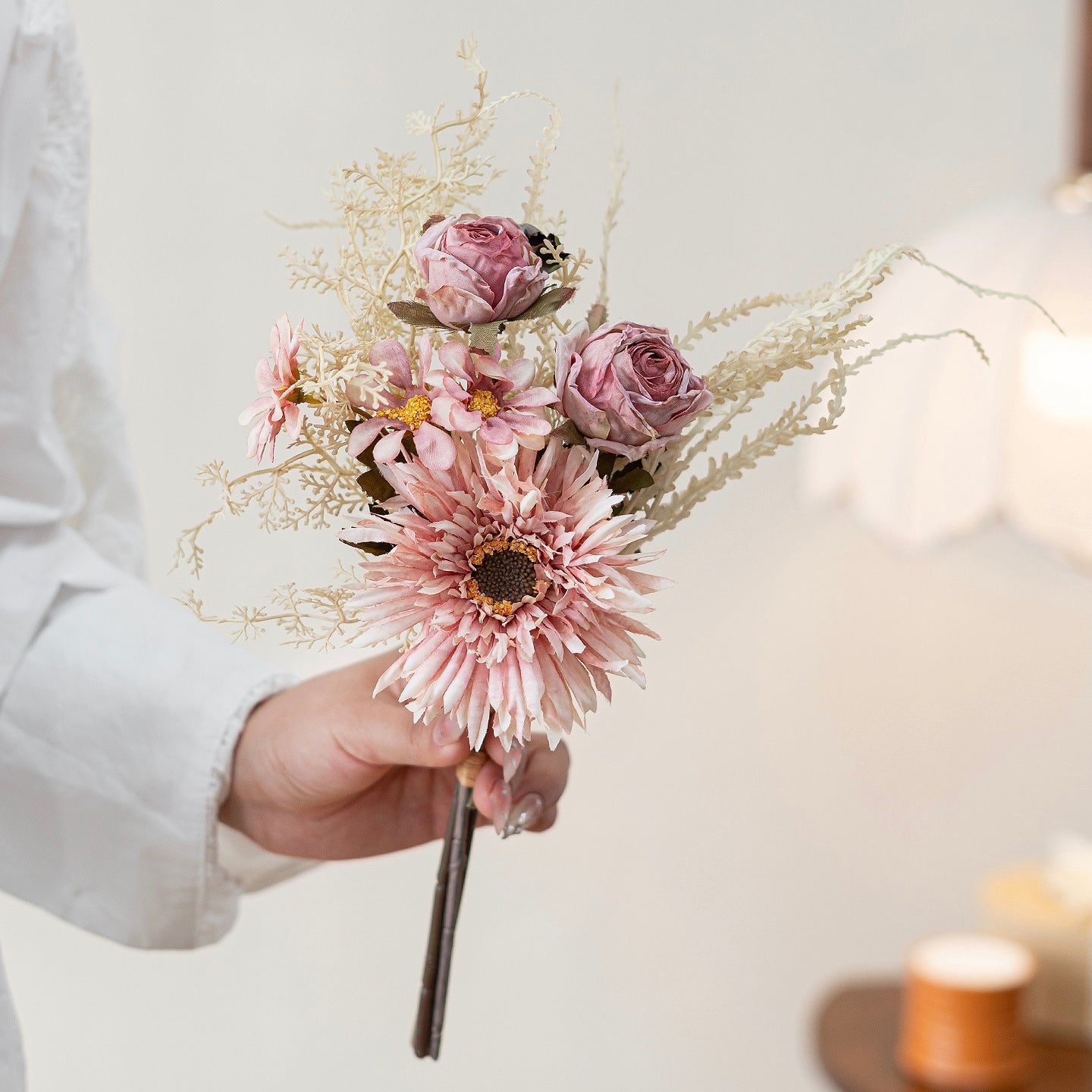 Faux Gerbera & Rose Lace Bouquet 13.8" – Silk Artificial Flowers | Panthère Rose