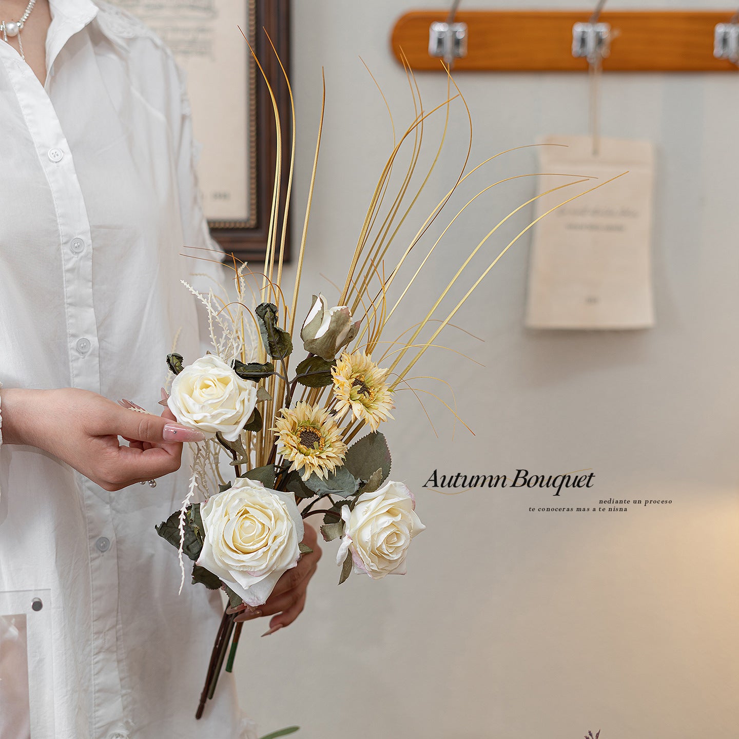 Faux White Rose & Sunflower Autumn Bouquet 23.6" – Silk Artificial Flowers | Panthère Rose