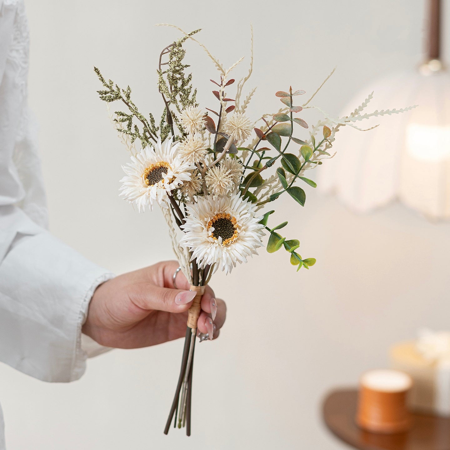 Faux White Sunflower & Wildflower Bouquet 15" – Silk Artificial Flowers | Panthère Rose