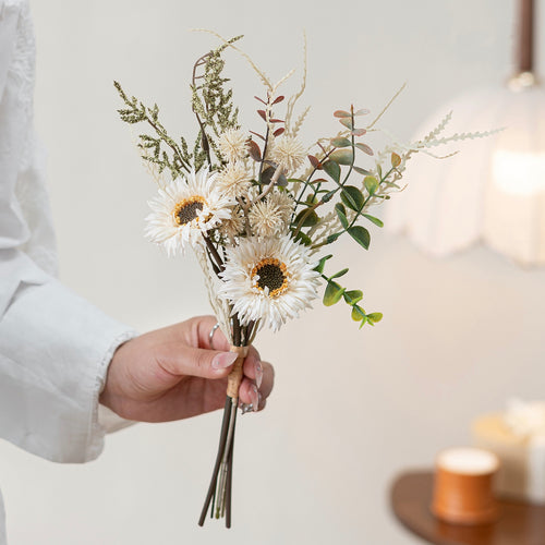 Faux White Sunflower & Wildflower Bouquet 15" – Silk Artificial Flowers | Panthère Rose