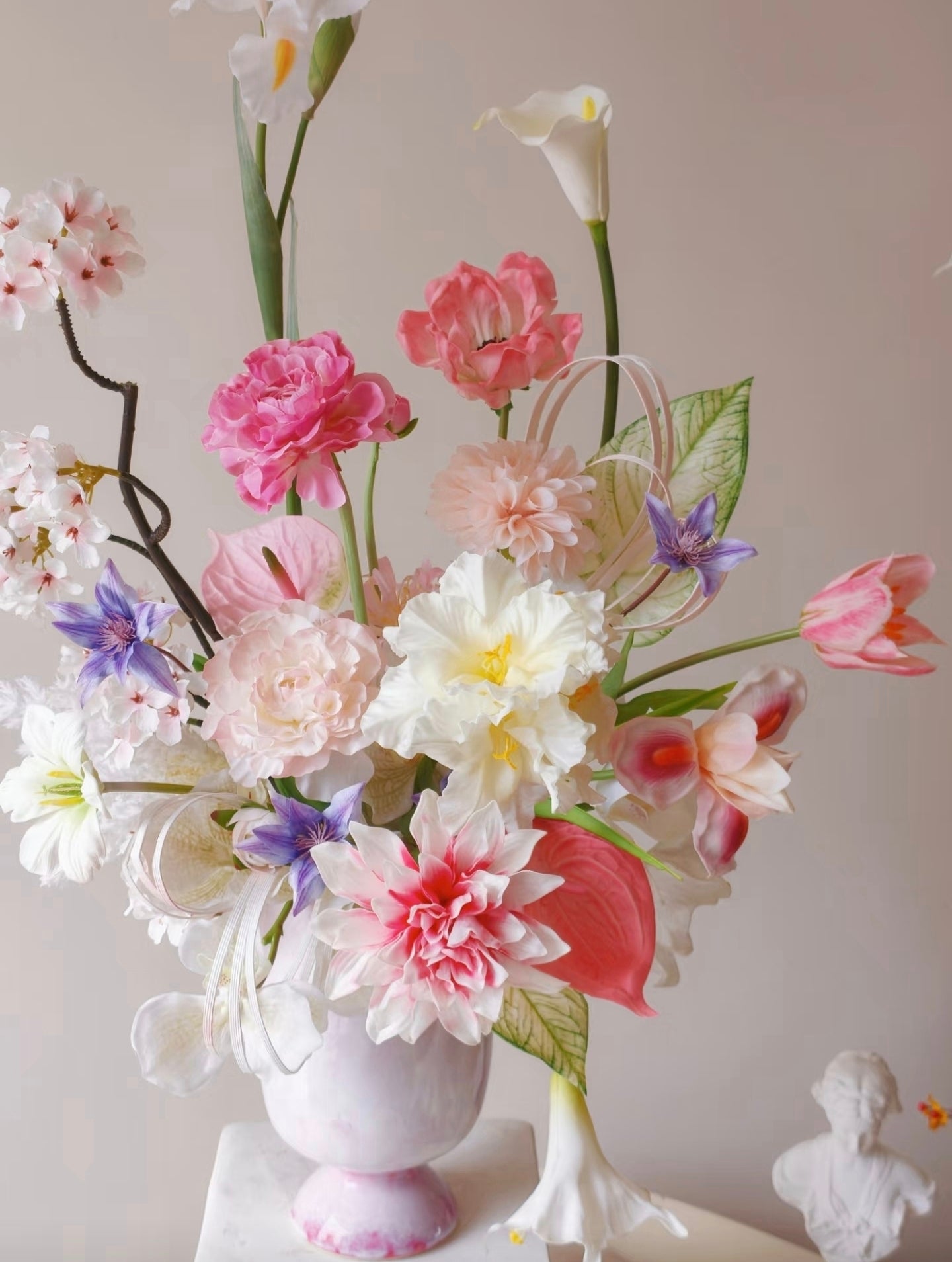 Blush garden faux flower bouquet - full arrangement with classical decor