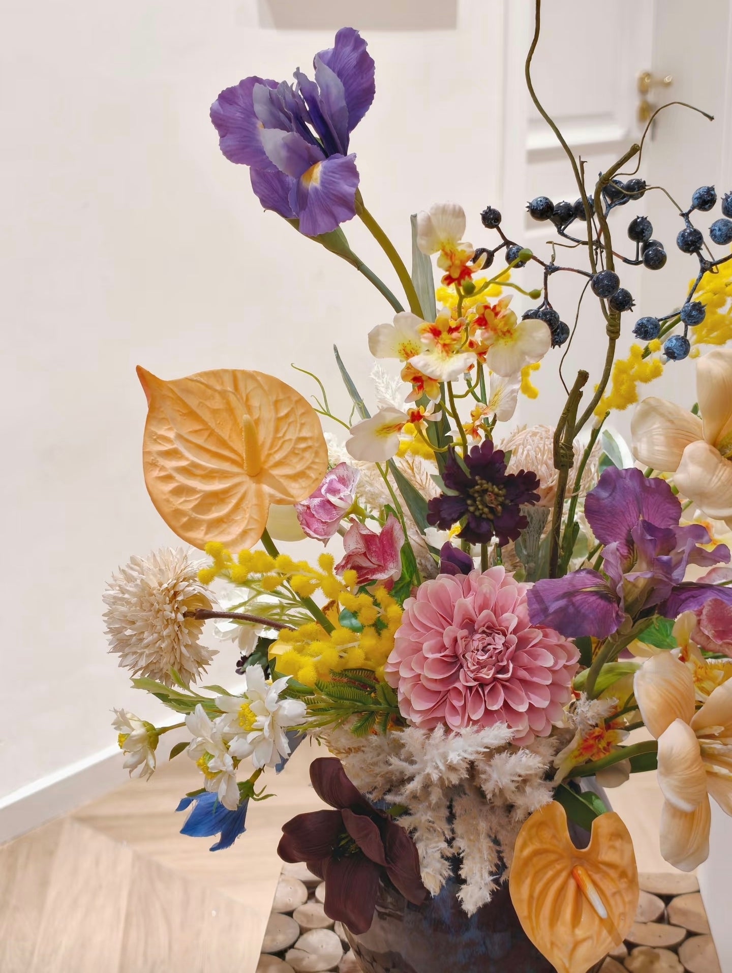 Wild meadow faux flower bouquet - close up bloom and berry detail