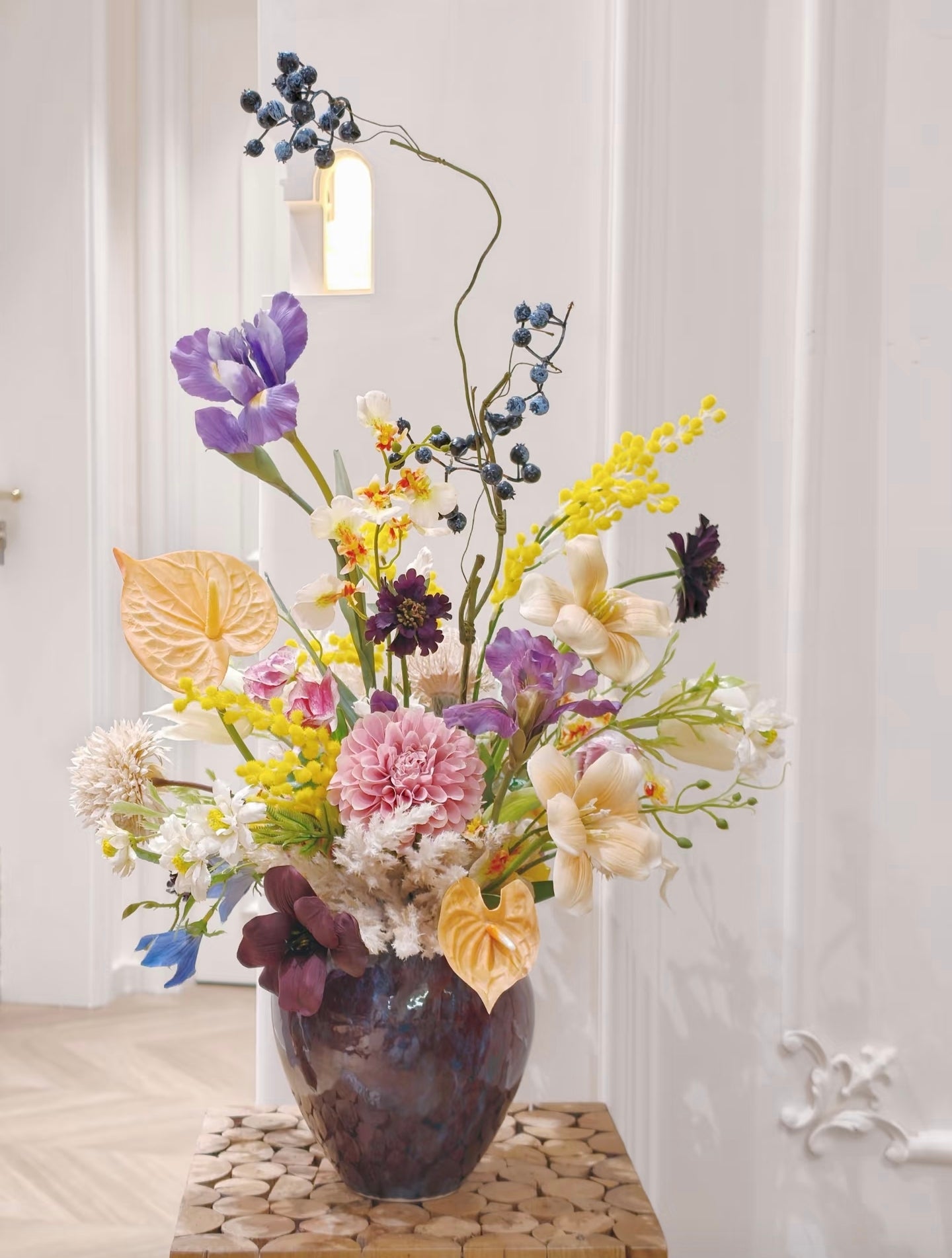 Wild meadow faux flower bouquet - full arrangement with wooden side table