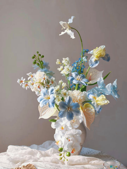Cloud & Petal bouquet on wooden block - side angle showing full silhouette
